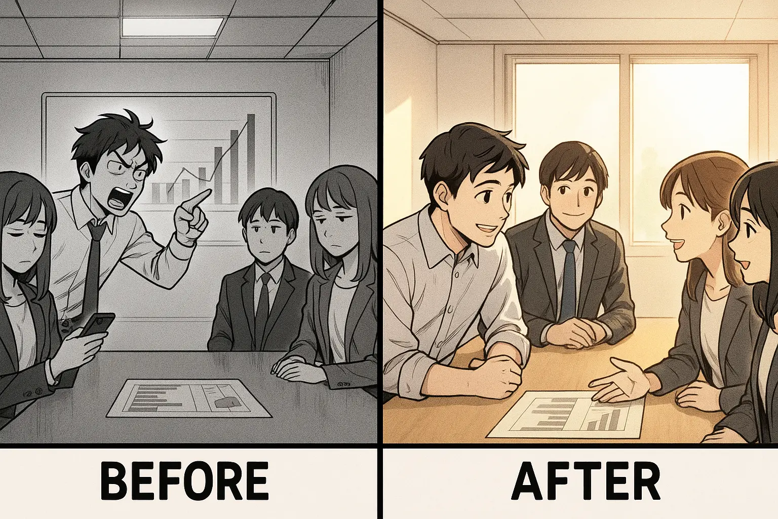 A split-panel illustration showing a man transforming his meeting approach: from lecturing to bored colleagues in the before panel, to listening empathetically and fostering collaboration in the after panel.