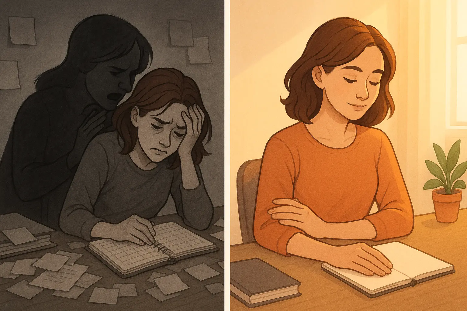 Split illustration showing a woman overwhelmed by planners with a critical shadow versus the same woman calm and focused with a reassuring hand on her shoulder, representing self-compassion in attention support.