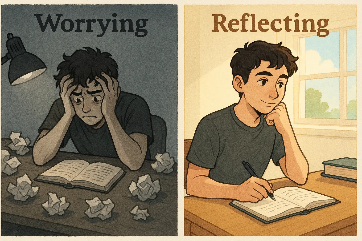 A side-by-side illustration showing a stressed student worrying at a messy desk versus a calm student reflecting thoughtfully in an organised, bright workspace.