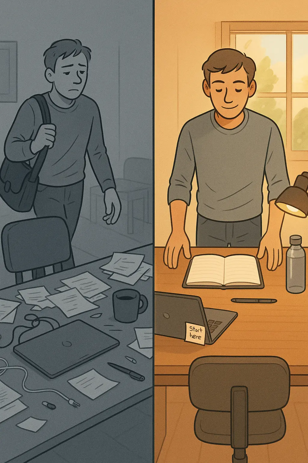 Split-screen comparison showing a person abandoning a cluttered desk versus intentionally resetting an organised workspace with tomorrow's task ready to start