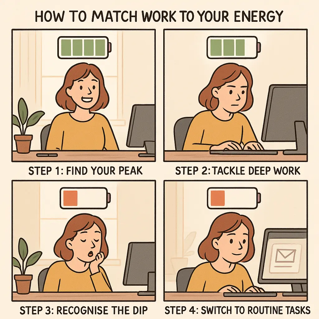 A four-panel comic showing a friendly woman matching her work tasks to her energy levels, doing complex work when her energy battery icon is full and routine tasks when it's low.