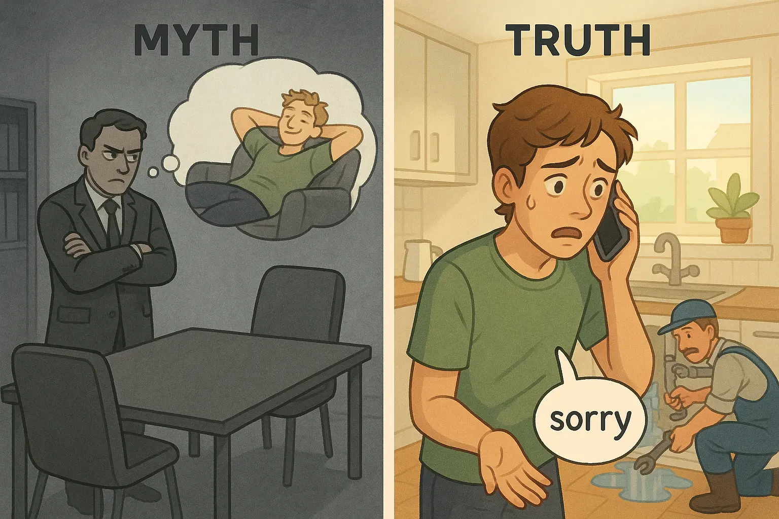 A split-screen illustration showing a manager judging a late colleague as lazy on the left, whilst the right reveals the truth: the colleague managing a home emergency with a burst pipe.